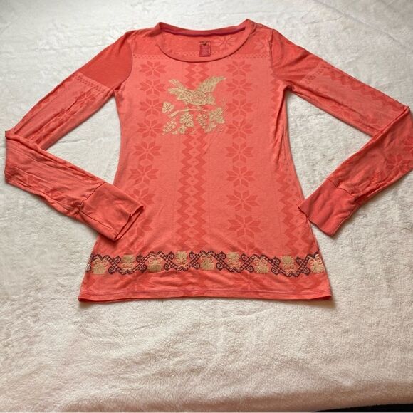 Free People 2 Tone Orange Long Sleeve Geo Design Shirt Size Medium - Picture 1 of 10